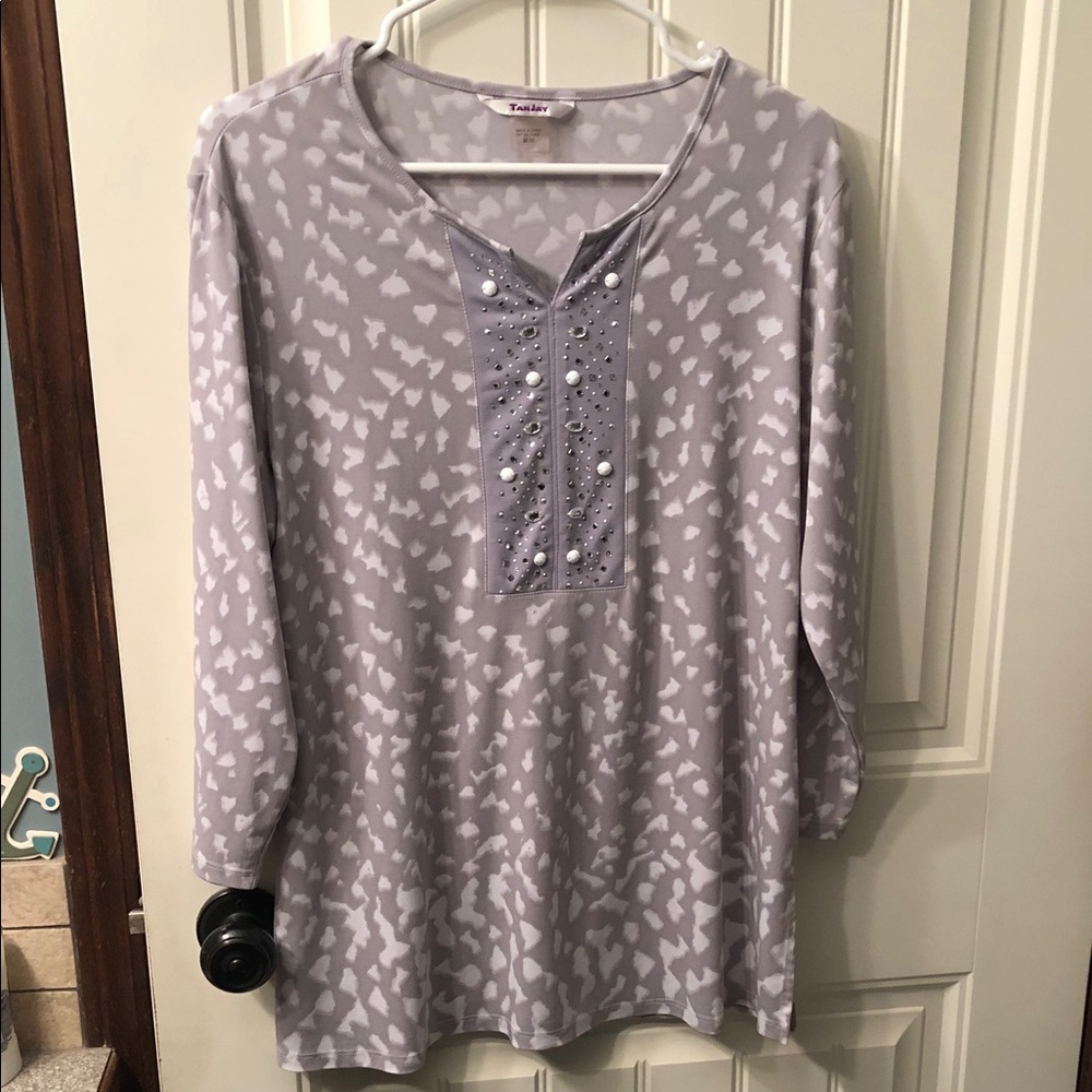 Grey and white Patterned Top with Embellished Placket